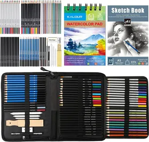 Kalur品牌新产品什锦76件素描木炭铅笔彩色铅笔绘画套装尼龙拉链盒