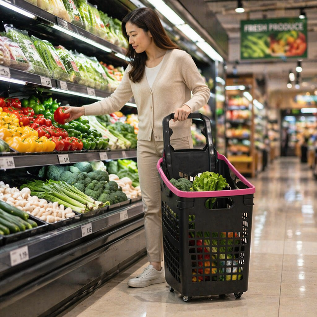 Hot Selling Plastic Baskets Supermarket Basket 45L Plastic Hand Shopping Basket with Wheels