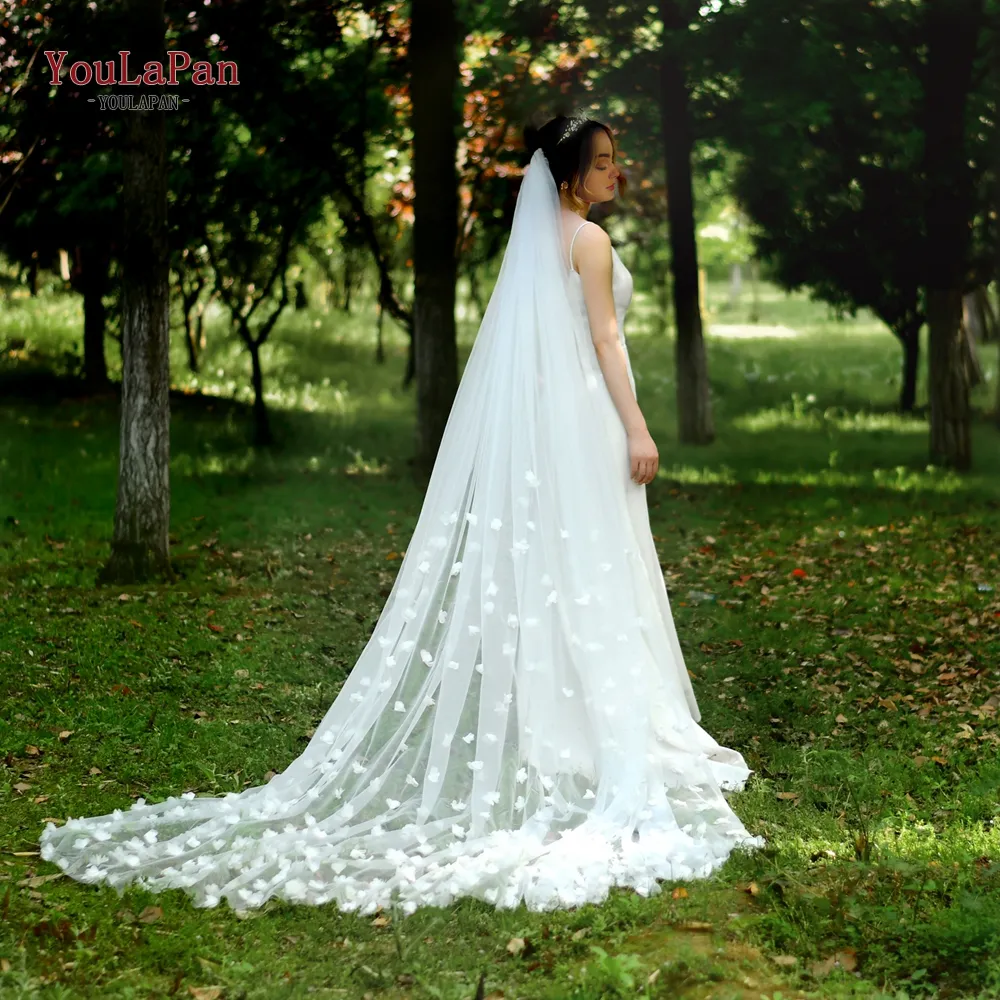 YouLaPan V20 Romantic Bridal Wedding Engagement Veil Various Sizes White Ivory Single Layer Woman Veil Covered with 3D Flowers