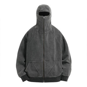 Chaqueta Retro Hip Hop Otoño Invierno - Sudadera con Capucha y Cremallera Holgada Color Gris Oscuro Lavado para Hombre y Mujer - Product Image 1