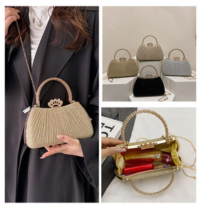 Borsa Clutch <span class=keywords><strong>da</strong></span> <span class=keywords><strong>Sera</strong></span> in Raso Plissettato con Chiusura a Corona di Diamanti e Perle, Tracolla Staccabile Dorata, Manico Superiore, Borse di Lusso <span class=keywords><strong>da</strong></span> Donna per Matrimoni - Product Image 2