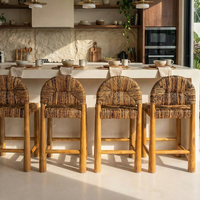 Tabouret de bar en bois massif avec dossier en jonc de mer tressé, style rétro, tabouret de comptoir haut pour bar à domicile et café