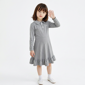Girls Gray <b>Long</b> Sleeve Polo Dress with Ruffle Hem Embroidered Logo A-Line Knitted 100% Cotton Knee-Length Casual Style - Product Image 2