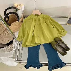 Spring and Autumn Girl Doll Shirt Suit Korean Versatile Shirt Bubble Sleeve Top + Lace Denim Bell Bottom Pants Two-Piece Suit