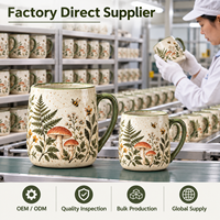 Collection de tasses en céramique illustrées à la main avec motif champignon forestier et glaçure mouchetée – Tasses en porcelaine personnalisées sur le thème de la forêt, vente en gros