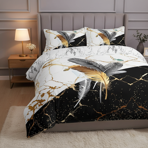 Parure <span class=keywords><strong>de</strong></span> lit 3 pièces moderne en polyester imprimé motif marbre et plumes, 300 fils, résistante à la décoloration, housse <span class=keywords><strong>de</strong></span> <span class=keywords><strong>couette</strong></span> et taies d'oreiller - Product Image 1