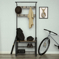 Porte-manteau vintage sur pied à cinq niveaux avec étagère de rangement, banc à chaussures et finition imitation bois, portable et démontable