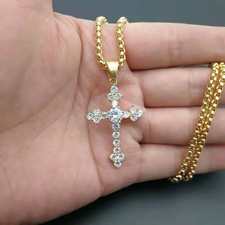 Hip Hop Icy Pendant Necklace Gold Plated Bling Zircon Diamond Cross Pendant Stainless Steel Cross Pendant For Men Jewelry