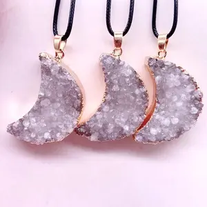 Coated Moon Shape Natural Druzy Necklace Gold Color High Quality Crystal with PU Cord Chain