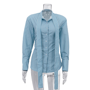 Chemise rayée à manches longues boutonnée pour <span class=keywords><strong>femme</strong></span>, bleue, avec ceinture à nouer au dos, taille cintrée, personnalisée, tendance 2026 - Product Image 4