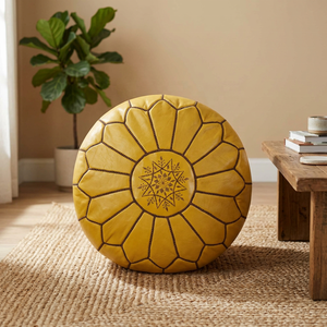 Housse de pouf ronde jaune brodée en cuir véritable faite à la main, personnalisable, style bohème, décoration intérieure unie - Product Image 4