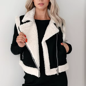 2024 mode nouvelle couleur Pure laine d'agneau Patchwork court matelassé chaud daim Zip <span class=keywords><strong>gilet</strong></span> hiver femmes veste manteau en gros - Product Image 1