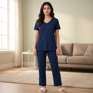 Women Navy Blue V-Neck Short Sleeve Casual <b>Pajama</b> Set Knitted Cotton Soft Full Length Elastic Waist Machine-Washable Sleepwear - Product Image 1