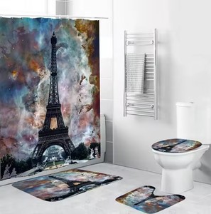Ensemble 3D quatre pièces Tour Eiffel en polyester écologique : rideau de douche, tapis antidérapants et couvercle de toilette à motif paysage parisien - Product Image 3