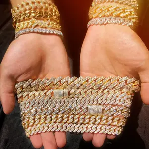 Custom Hip Hop Jewelry Sets 22mm Full Diamond Iced Out Zircon Cuban Link Chain Bracelet Necklace
