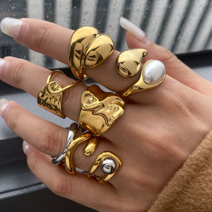 Bague en acier inoxydable Jeding pour femme, style européen et américain, avec perle, forme géométrique, bijoux inaltérables, design de niche, transfrontalier - Product Image 1