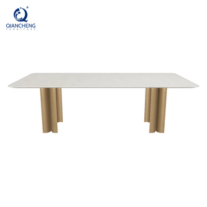 Set da Pranzo di Lusso Minimalista di Foshan con Gambe in Acciaio Inox Dorato e Piano in Pietra Sinterizzata Bianca <span class=keywords><strong>per</strong></span> 8 Persone, Arredamento <span class=keywords><strong>per</strong></span> <span class=keywords><strong>Cucina</strong></span> - Product Image 3