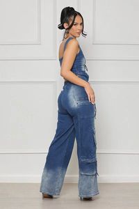 Completo Due Pezzi in Denim alla Moda Think <span class=keywords><strong>Cargo</strong></span> per <span class=keywords><strong>Donna</strong></span>, Top Elasticizzato con Scollo a V e Zip Irregolare, Pantaloni <span class=keywords><strong>Larghi</strong></span> Lavati per Primavera Estate - Product Image 4
