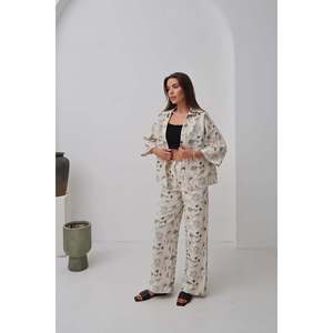 Conjunto de Pijama de Lino para Mujer, Beige, Bordado, Manga Larga, Casual, Suave, Tejido, 2 Piezas - Product Image 4