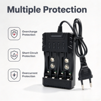 Chargeur de piles rechargeables indépendant à quatre emplacements AA/AAA/9V, entrée 100-240V, sortie 1.2V-800mA, arrêt automatique, pour appareil photo et microphone
