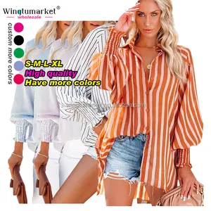 Wholesale Custom Logo Beach Shirt Blouse Stripe Smocked Cuffs Long Sleeve Chiffon Tops Cute Blouses Shirts For Women