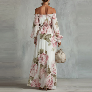 Vestido Midi Bohemio de Gasa con Hombros Descubiertos, Estampado Floral y Cintura Fruncida para Mujer, Ideal para <span class=keywords><strong>Vacaciones</strong></span> de Verano - Product Image 4