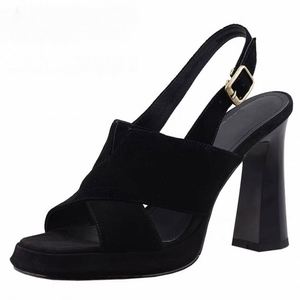 Nouvelles sandales à plateforme en <span class=keywords><strong>cuir</strong></span> abrasif imperméable à talons hauts, bout ouvert, noir - Product Image 1
