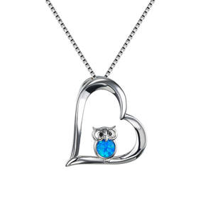 Cute Small <strong>Owl</strong> Blue Opal Necklace Vintage Hollow Heart Pendant Necklace Antique Silver Color Wedding Necklaces for Women <strong>Jewelry</strong> - Product Image 1