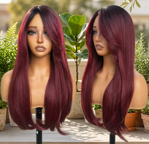 Perruque synthétique KEMY HAIR lisse et soyeuse avec frange, en fibre résistante à la chaleur, sans colle, avec raie en L, couleur bordeaux, pour femme - Soldes à 7$ - Product Image 1