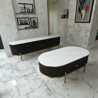 Meuble TV moderne en bois noir pierre frittée Base en acier inoxydable doré Tiroir de rangement Table basse Cabinet Salon Villa