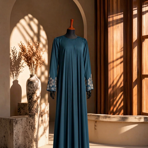 Abaya turquoise à fleurs et perles, robe islamique à manches longues, longueur cheville, robe de prière modeste pour femmes, pour le Ramadan et le Hajj - Product Image 1