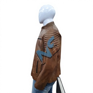 Chaqueta de Motociclista para Hombre, de Cuero Genuino, Delgada, Resistente al Viento, con Cuello Alto, Cierre de Cremallera Frontal, Color Sólido, Largo Regular, para Otoño - Product Image 2