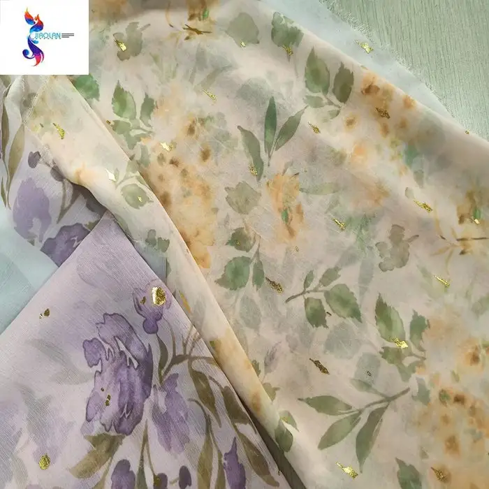 Mousseline de soie crêpe estampage impression tissu en gros impression personnalisée tissu en mousseline de soie stocklot dorure impression robe tissu