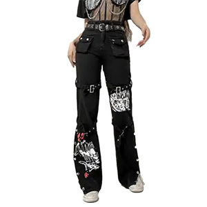 Venta <span class=keywords><strong>al</strong></span> <span class=keywords><strong>por</strong></span> <span class=keywords><strong>mayor</strong></span> Punk Goth Pant Grunge <span class=keywords><strong>ropa</strong></span> negra moda coreana bolsillo recto mujeres Streetwear acampanado Y2k <span class=keywords><strong>Hippie</strong></span> Jeans - Product Image 4