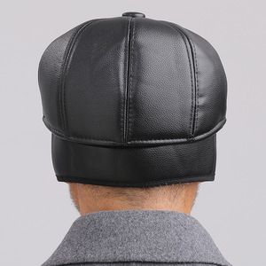 PU Front <b>Cap</b> Men's <b>Winter</b> Warm Fleece Lined Ear Protection Hat Black Middle Aged Elderly Hats - Product Image 3