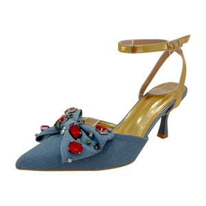 Nouvelles sandales élégantes en denim à bout pointu et talon aiguille avec boucle en strass pour femmes 2024 - Product Image 6