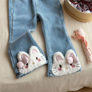 Girls Denim Flared <b>Pants</b> Blue Fleece <b>Lined</b> Winter Casual Long <b>Pants</b> For Children - Product Image 2