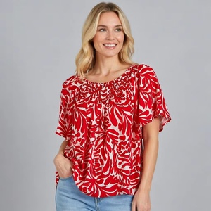 Blusa Bohemia con Estampado de Hojas Rojas para Mujer, Cuello Elástico Fruncido, Manga con Volantes, Lino Viscosa, Ropa de Resort, <span class=keywords><strong>Top</strong></span> a Juego - Product Image 1