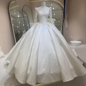 Dw0238 Regal High Neck Lace Illusion Long Sleeve Boned Corset Plain Ivory Satin Ball Gown <b>Wedding</b> Dress Jancember - Product Image 1