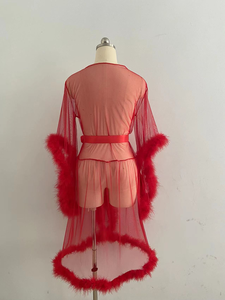 Sfy1497 Großhandel New Style Transparent Mesh Longue Robe Vierfarbige Pelz besatz Luxus Lady Short Red Sexy Dessous für Damen - Product Image 3