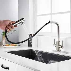 Top Quality Black Long Neck 2 Handle Flexible Pull Out Kitchen Water Tap Kitchen Faucet