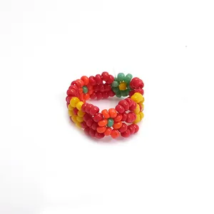 Bohemian Colorful Seed Bead Elastic Stretch Ring For Women Handmade Ethnic Flower Adjustable Wide Strand Tatoo Jewelry