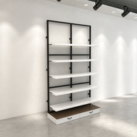 Étagère blanche à 6 niveaux avec poteaux noirs, présentoir à vêtements pliable, armoire de rangement pour vêtements, usage commercial