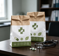 Sacs en papier kraft recyclé pour ordonnances médicales avec logo personnalisé imprimé, fermeture à languette, pour pharmacie
