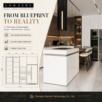 Meubles de cuisine modulaires sur mesure en bois massif pour toute la maison, îlot en forme de U, plan de travail en pierre frittée, sans poignées, éclairage LED