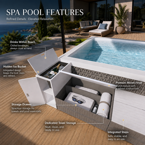 <span class=keywords><strong>Piscine</strong></span> hors-sol moderne en fibre de verre avec canapé-lit familial, spa de nage et structure en rotin pour jardin et extérieur - Product Image 4