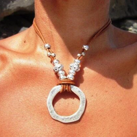 Mode grand creux métal argent perlé cercle pendentif collier en cuir corde chaîne collier femmes hommes