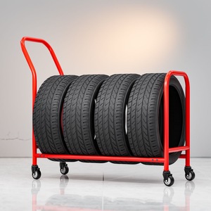 Portable Red Metal Tire Rack With Wheels For <b>Car</b> Storage Horizontal Industrial Design Powder Coated Finish - Product Image 2