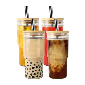 DD1099 Reusable Glass Bubble Tea Cup Smoothie Tumbler <strong>Milkshake</strong> Wide Mouth Mason Jar Drinking Glasses with Bamboo Lids <strong>Straws</strong> - Product Image 2