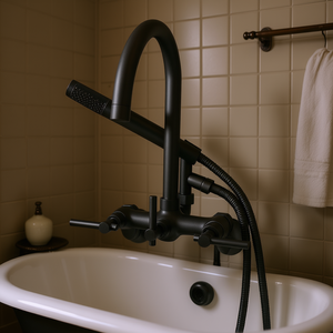 Grifo de Bañera Vintage Negro Mate de Montaje en Pared con Ducha de Mano, 3 Manijas, Caño Flexible, Válvula de Cerámica, Construcción de Latón - Product Image 2